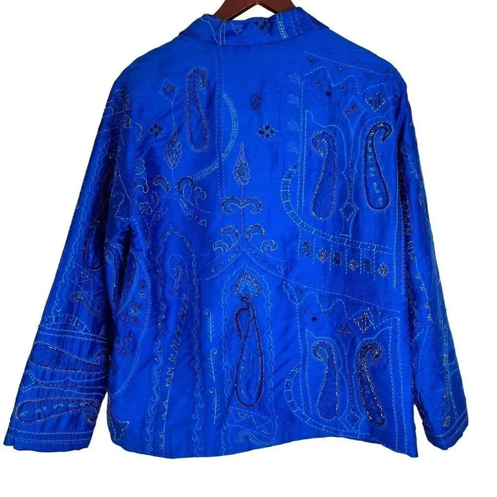 Vintage Chicos Silk‎ Embroidered Boho Blazer Jacket Large Cobalt Blue Satin Glam
